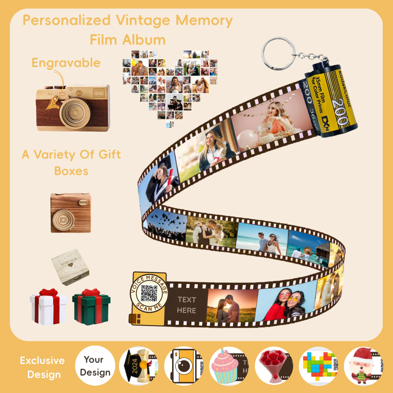 Personalized Customized Memory Retro Camera Film HD Photo Album Film Roll Keychain F1 Voice Message Creative Birthday Valentine Christmas Graduation Friend Anniversary Gift Souvenir Customized Handmade - uniqicon
