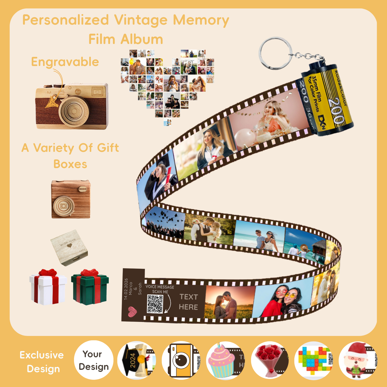 Personalized Customized Memory Retro Camera Film HD Photo Album Film Roll Keychain F4 Voice Message Creative Birthday Valentine Christmas Graduation Friend Anniversary Gift Souvenir Customized Handmade - uniqicon